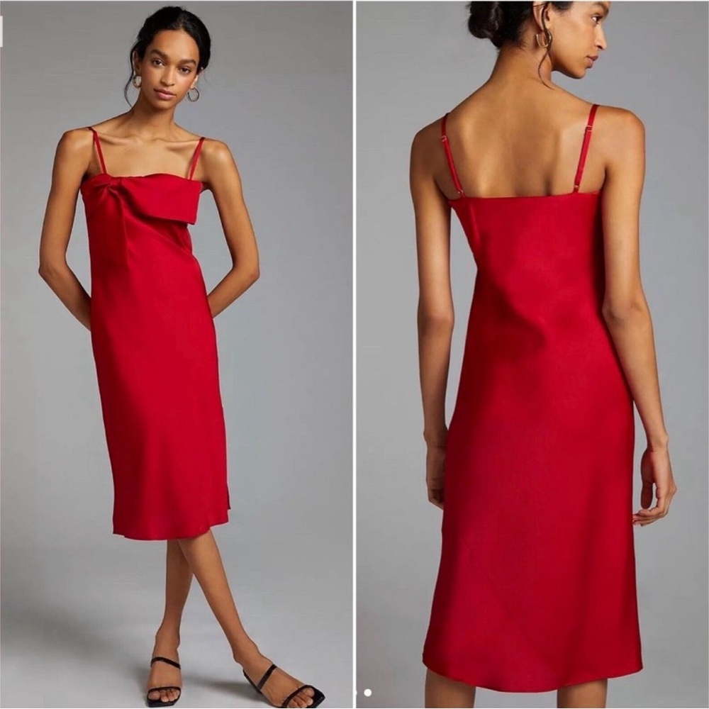 NWT Anthropologie Hutch Bow Front Red Slip Midi Spring graduation Dress S
